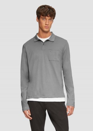 s.Oliver Softes Langarm-Poloshirt mit Brusttasche - schiefergrau