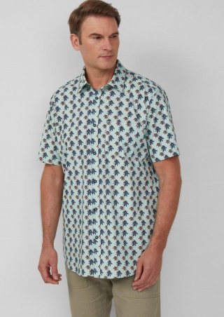 s.Oliver Regular Fit: Gemustertes Kurzarmhemd aus Baumwollstretch - ozeangrün