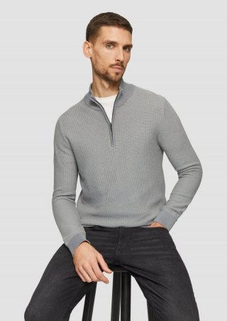 s.Oliver Strickpullover mit Troyer-Kragen und Bi-Color-Struktur - schiefergrau