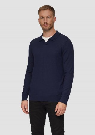 s.Oliver Feinstrickpullover aus reiner Merinowolle mit modischem Polokragen - navy