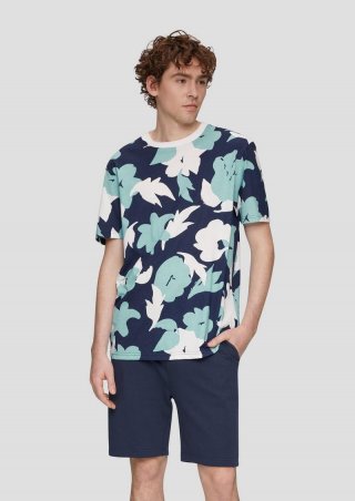 s.Oliver Baumwoll-T-Shirt mit All-over-Print und Rippblende - tiefblau