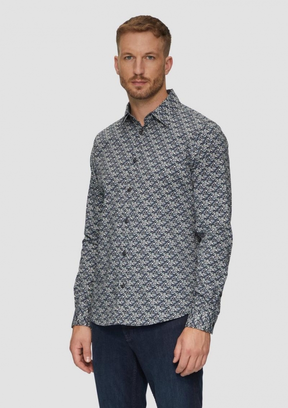 s.Oliver Slim Fit: Popeline-Hemd mit All-over-Print - schiefergrau