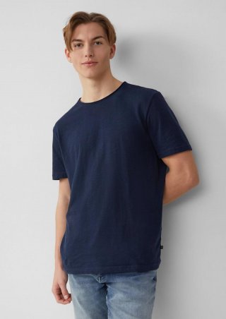 s.Oliver Baumwollshirt mit Rollkante und Flammgarnstruktur - tiefblau