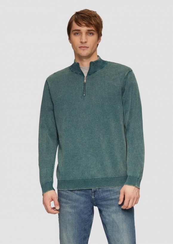 s.Oliver Gewaschener Baumwollpullover mit Reißverschlusskragen - petrol