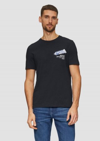 s.Oliver Baumwoll-T-Shirt mit Frontprint und Flammgarnstruktur - navy