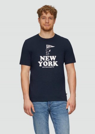 s.Oliver T-Shirt mit Peanuts®-Motiv und Flammgarnstruktur - navy