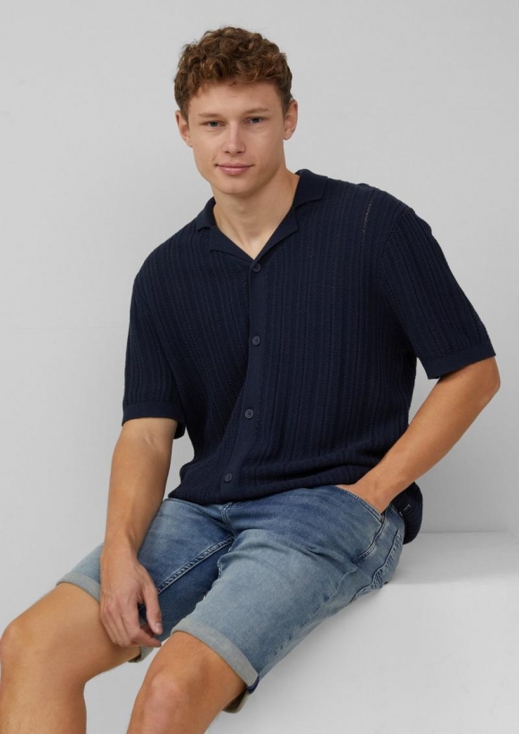 s.Oliver Regular Fit: Gestricktes Resorthemd mit Struktur - tiefblau