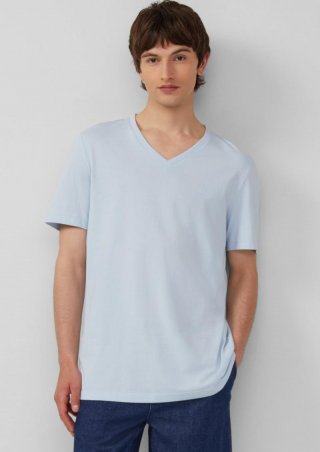 s.Oliver Jersey-T-Shirt mit V-Ausschnitt und Logo - hellblau