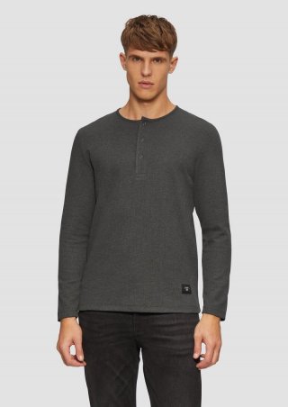 s.Oliver Geripptes Langarmshirt mit Henley-Ausschnitt - dunkelgrau