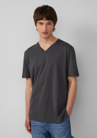s.Oliver Jersey-T-Shirt mit V-Ausschnitt und Logo - schiefergrau