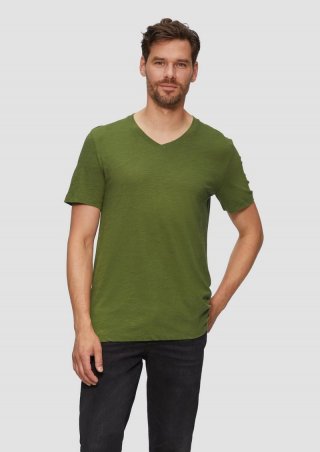 s.Oliver Baumwollshirt mit V-Ausschnitt und Flammgarnstruktur - guacamole