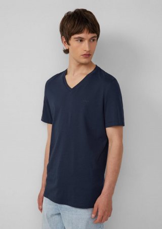 s.Oliver Jersey-T-Shirt mit V-Ausschnitt und Logo - navy