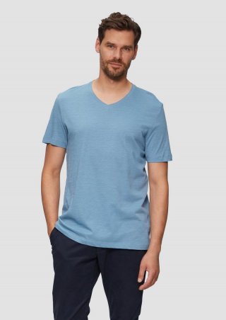 s.Oliver Baumwollshirt mit V-Ausschnitt und Flammgarnstruktur - hellblau