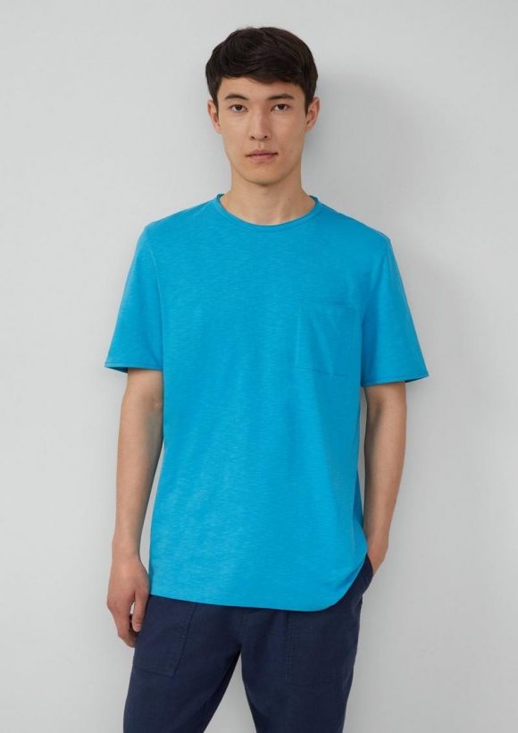 s.Oliver Flammgarn-T-Shirt mit Brusttasche und offenen Kanten - türkis
