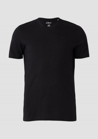 s.Oliver Jersey-T-Shirt mit V-Ausschnitt und Logo - schwarz