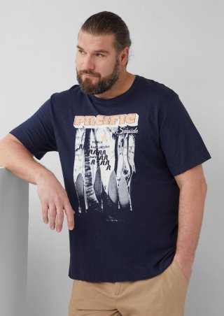 s.Oliver Baumwoll-T-Shirt mit Frontprint und Flammgarnstruktur - tiefblau