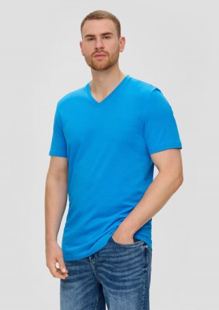 s.Oliver T-Shirt mit V-Ausschnitt und Logo-Detail - azurblau