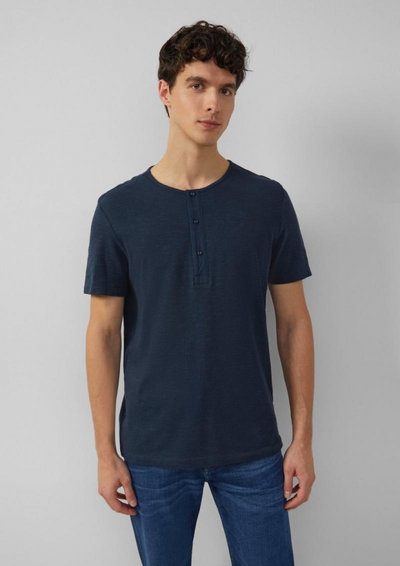 s.Oliver Henley-T-Shirt mit Flammgarnstruktur - tiefblau