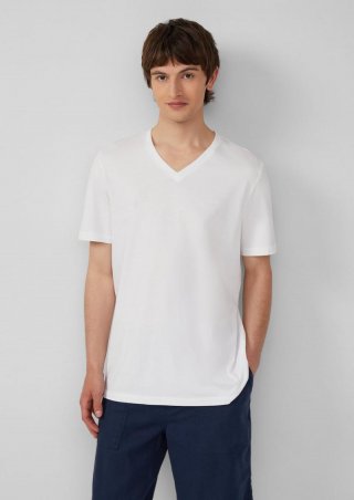s.Oliver Jersey-T-Shirt mit V-Ausschnitt und Logo - weiß