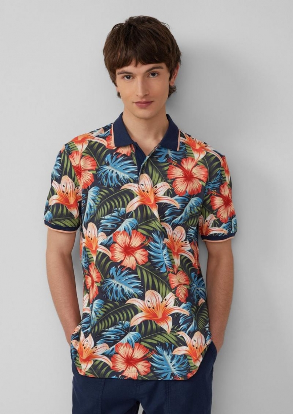 s.Oliver Poloshirt aus Baumwolle mit All-over-Print - tiefblau