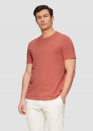 s.Oliver T-Shirt mit Flammgarnstruktur und Logo-Print - himbeere