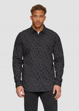 s.Oliver Slim Fit: Gemustertes Popeline-Hemd mit Kentkragen - schwarz