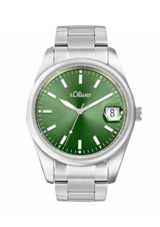 s.Oliver Silberne Edelstahl-Armbanduhr mit grünem Ziffernblatt - silber
