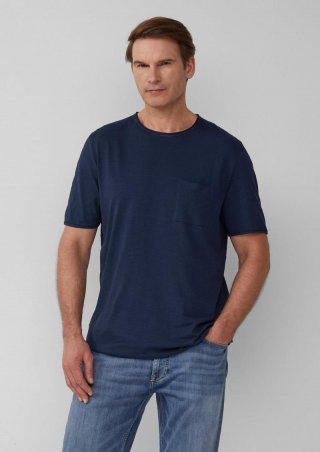 s.Oliver Flammgarn-T-Shirt mit Brusttasche und offenen Kanten - tiefblau