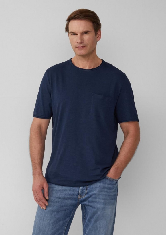s.Oliver Flammgarn-T-Shirt mit Brusttasche und offenen Kanten - tiefblau
