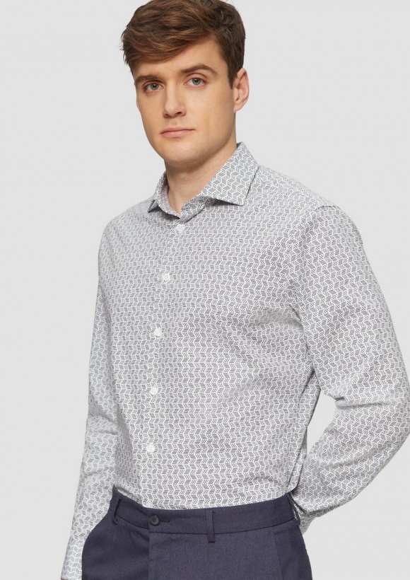 s.Oliver Tailored Fit: Elastisches Baumwollhemd mit All-over-Print - tiefblau