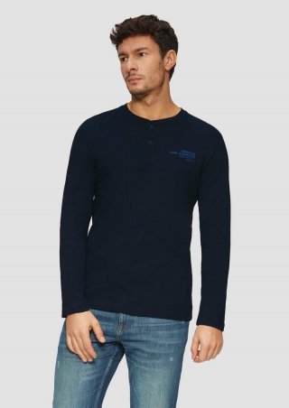 s.Oliver Henley-Shirt mit Flammgarnstruktur und Stickerei - navy