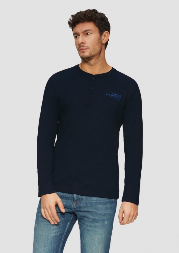 s.Oliver Henley-Shirt mit Flammgarnstruktur und Stickerei - navy