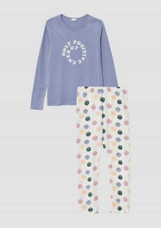 s.Oliver Baumwoll-Pyjama mit gemusterter Hose und Langarmshirt mit Print - blau