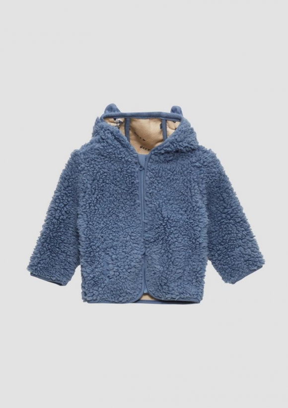 s.Oliver Teddyplüsch-Jacke mit Öhrchen und bedrucktem Futter - blau