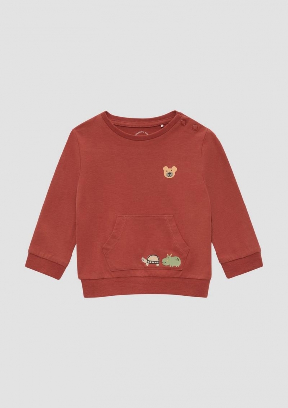 s.Oliver Jerseyshirt mit Kängurutasche mit Motivsticker - rubinrot