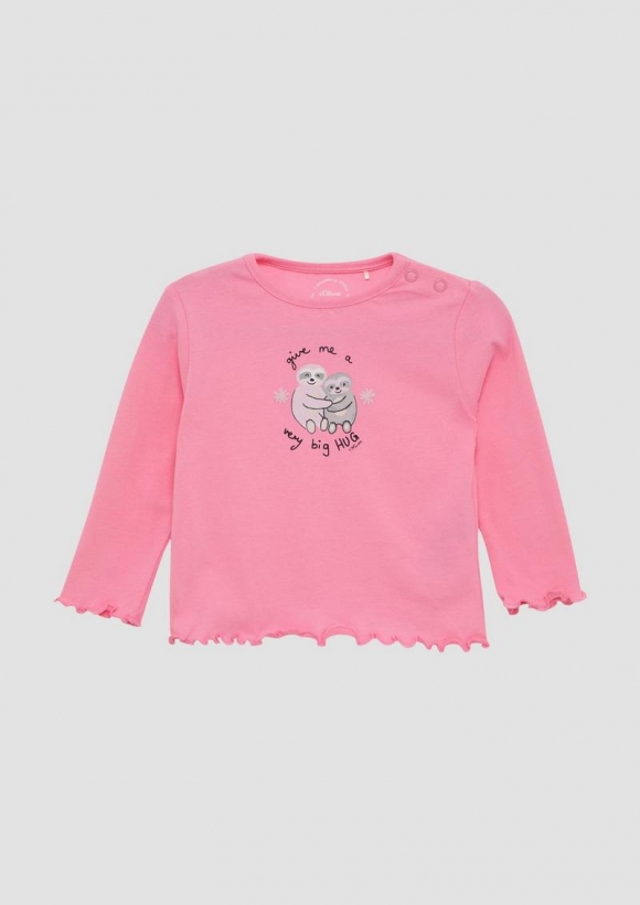 s.Oliver Baumwoll-Longsleeve mit Frontprint und Rollsaum - pink