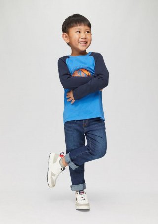 s.Oliver Langarmshirt mit Kontrastärmeln und Front-Print - navy