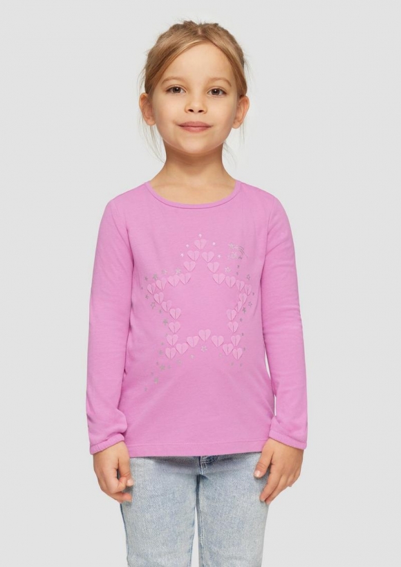 s.Oliver Langarmshirt mit Glitter-Print und Chiffon-Applikation - pink