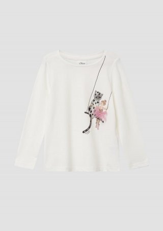 s.Oliver Jersey-Longsleeve in A-Shape mit Print und Applikation - creme
