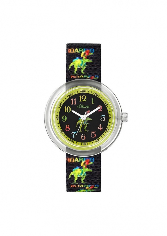 s.Oliver Textilband-Armbanduhr mit Dino-Motiv - schwarz