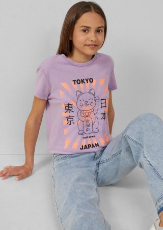 s.Oliver T-Shirt im Loose Fit mit Frontprint und Garment Dye - lavendel