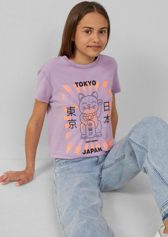 s.Oliver T-Shirt im Loose Fit mit Frontprint und Garment Dye - lavendel