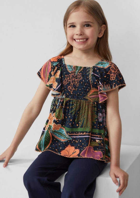 s.Oliver Gemusterte Bluse aus satinierter Viskose mit Smok-Detail - navy