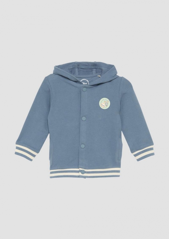 s.Oliver Kapuzen-Sweatjacke aus Baumwollstretch mit gestreiften Rippbündchen - blassblau