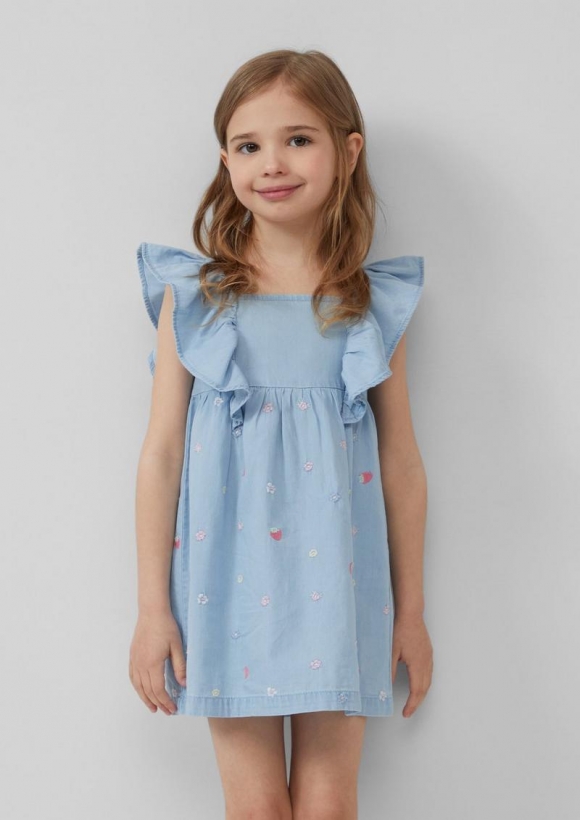 s.Oliver Kurzes Denim-Kleid mit Smok-Detail und All-over-Stickerei - blau