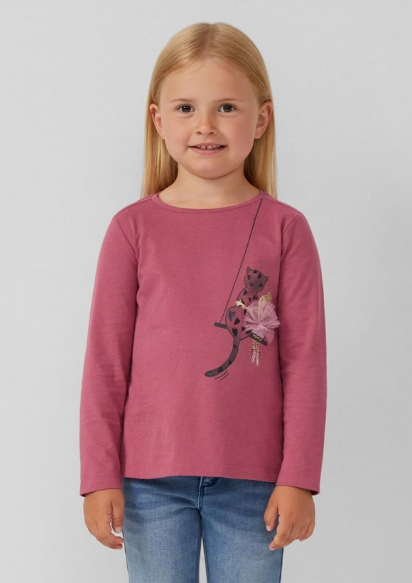 s.Oliver Jersey-Longsleeve in A-Shape mit Print und Applikation - himbeere