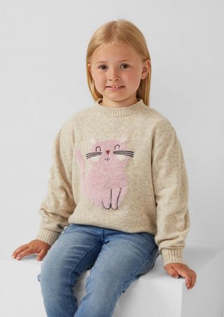 s.Oliver Kuscheliger Loose-Fit-Strickpullover mit Katzen-Artwork - helles beige