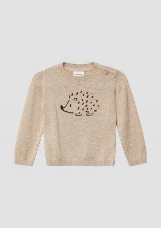 s.Oliver Unisex Strickpullover mit gesticktem Igel-Motiv - sandstein