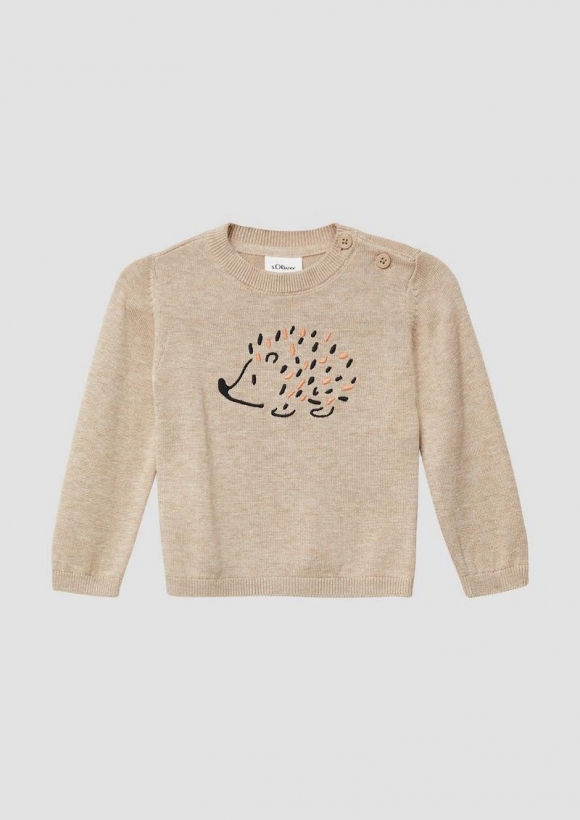 s.Oliver Unisex Strickpullover mit gesticktem Igel-Motiv - sandstein