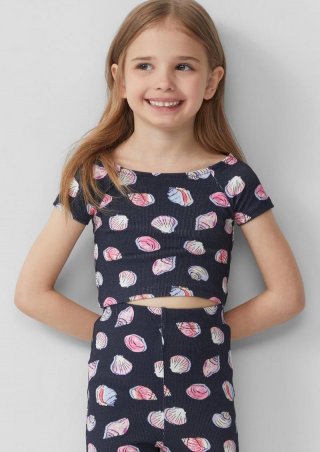 s.Oliver Verkürztes T-Shirt aus Rippware mit Off-Shoulder-Ausschnitt - tiefblau